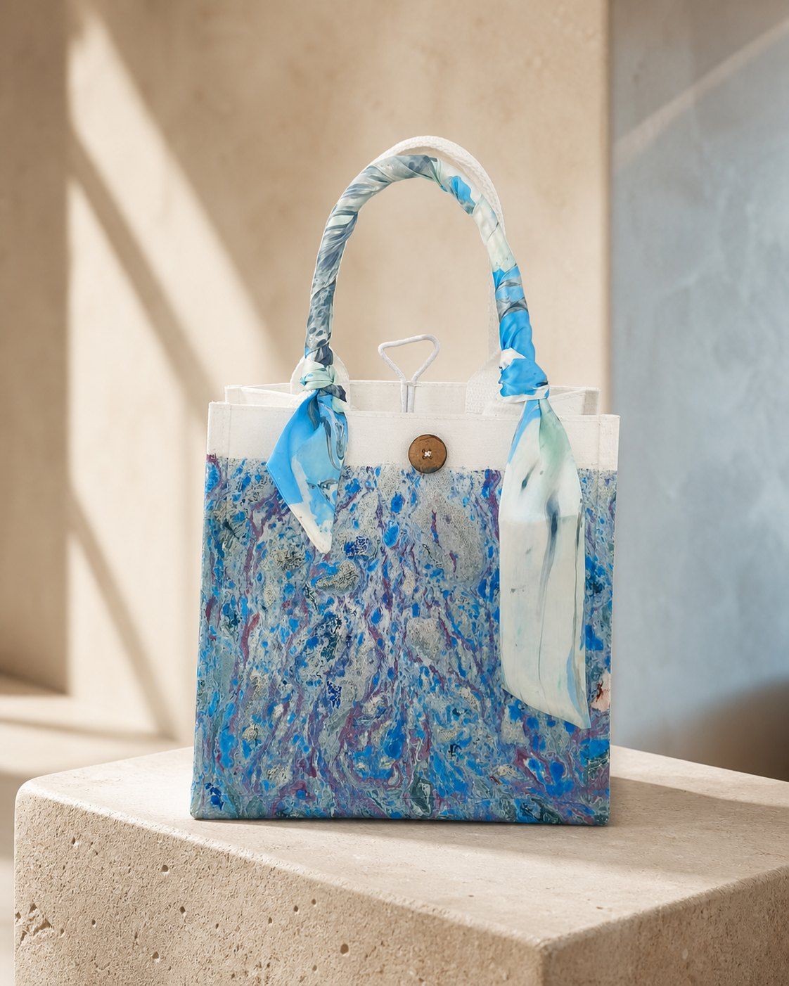 Blue Orbit square structured canvas tote on a warm stone plinth