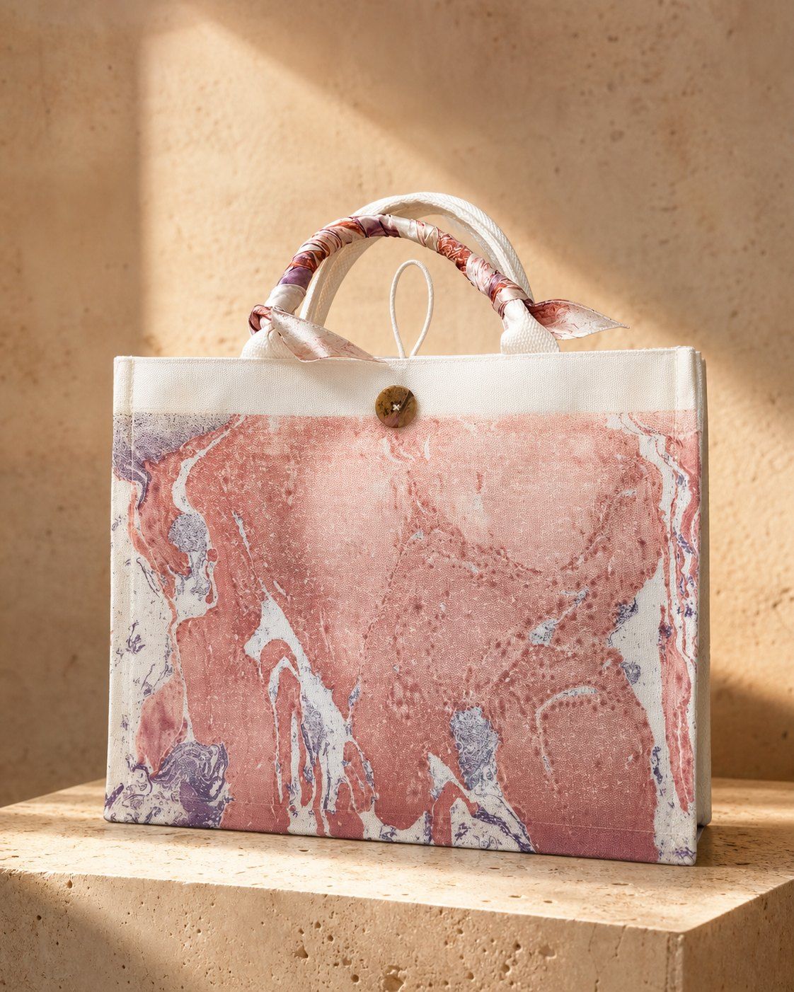 Rose Canyon pink structured canvas tote on a warm travertine plinth