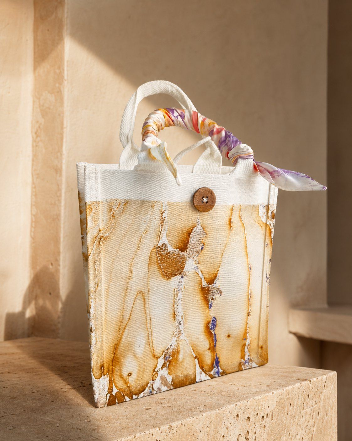 Amber Vein compact ochre structured canvas tote on a warm travertine plinth
