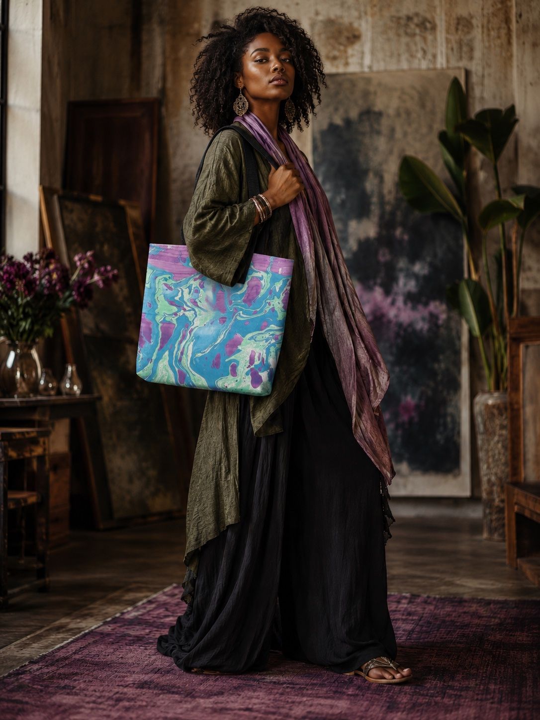 Model carrying a colorful floating-lacquer tote in a painterly studio interior