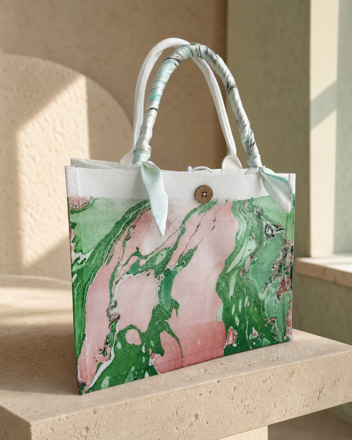 Garden Current green and blush structured canvas tote on a warm stone plinth