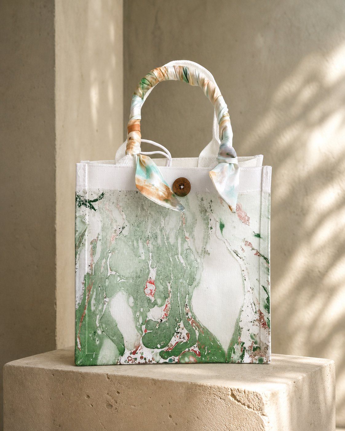 Jade Bloom compact green structured canvas tote on a warm limestone plinth