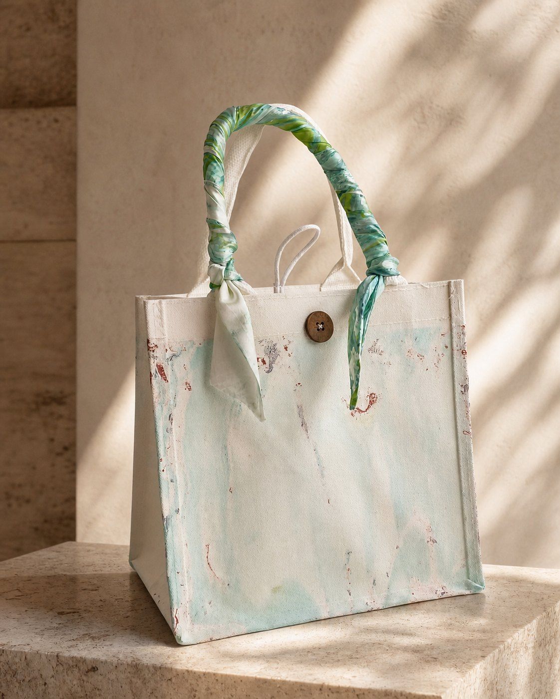 Mint Whisper compact pale mint structured canvas tote on a warm stone plinth