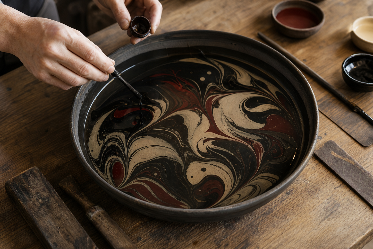Demo process image showing pigment moving across the surface of water