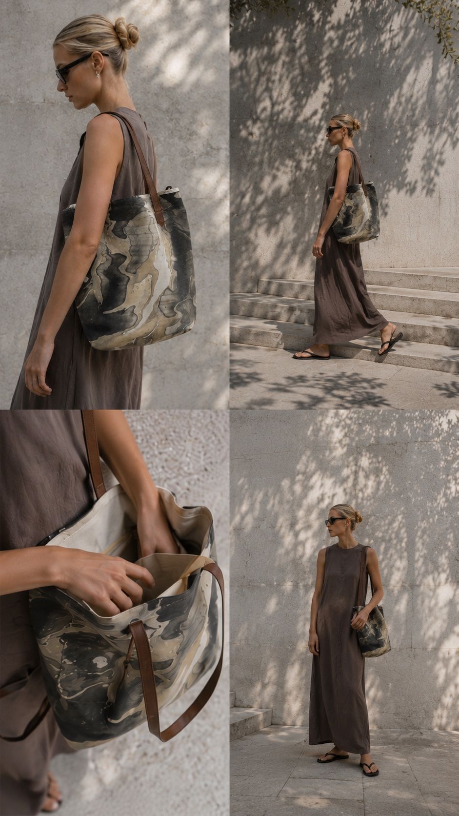 Four-image fashion study of a model carrying a marbled shoulder tote in dappled light