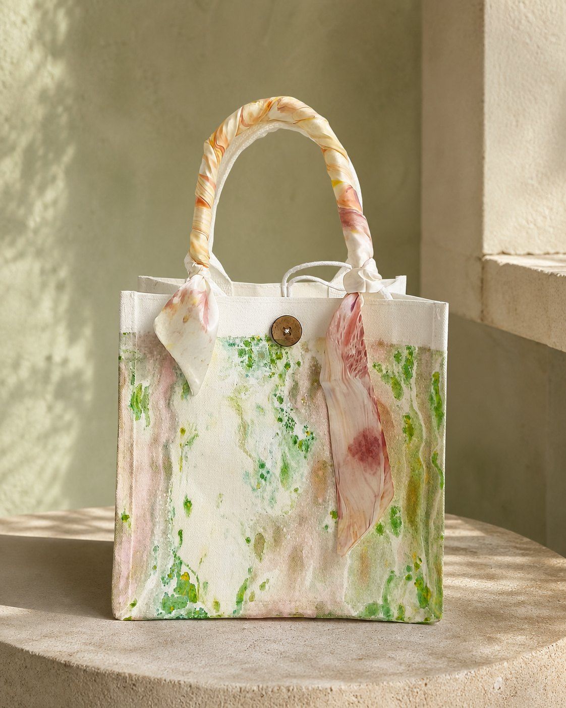 Spring Mist compact pink and green structured canvas tote on a warm stone plinth